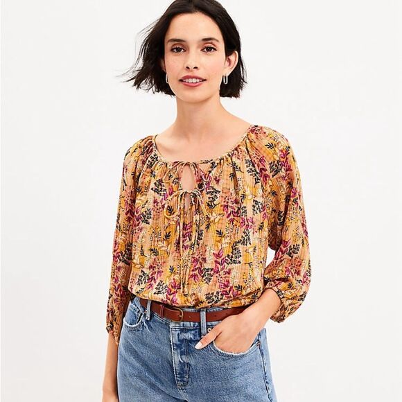 LOFT Petite Floral Boho Tie Neck Blouse MP - Picture 2 of 12